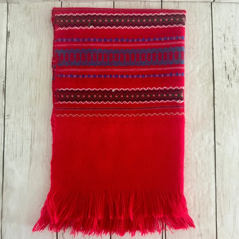 Handwoven Ecuador Red Table Runner with Geometric Folk Border and Fringe Accent